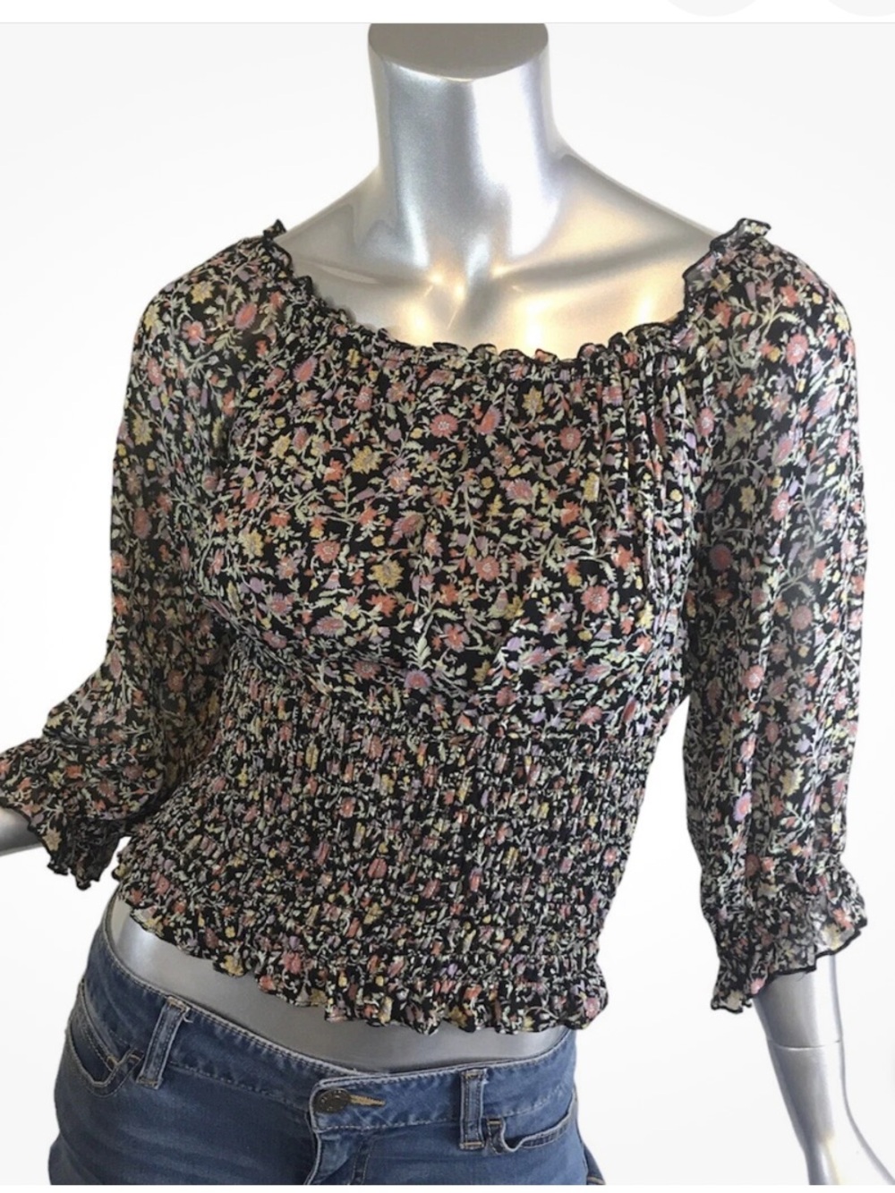 Anthropologie Smocked Floral Elastic Waist Band Peasant Top - Floral